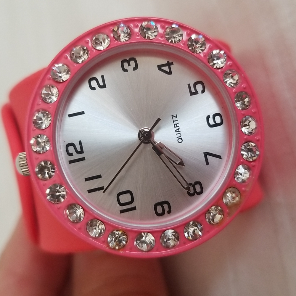 New Coral Rubber Rhinestone Snap Watch